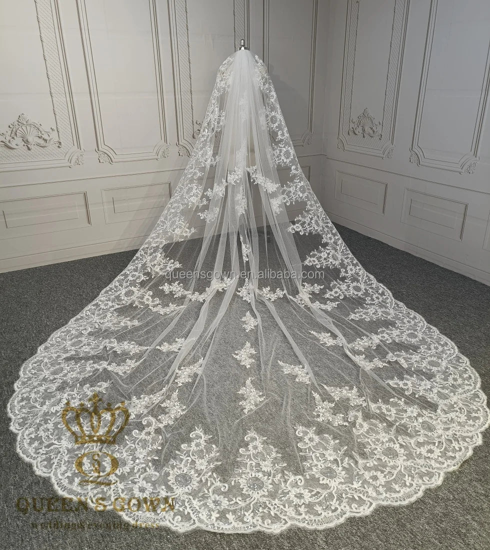 QUEENS GOWN Luxury Ivory One-Layer Sequin Lace Veil Elegant Handmade Applique Bridal Wedding Veil With Hair Comb