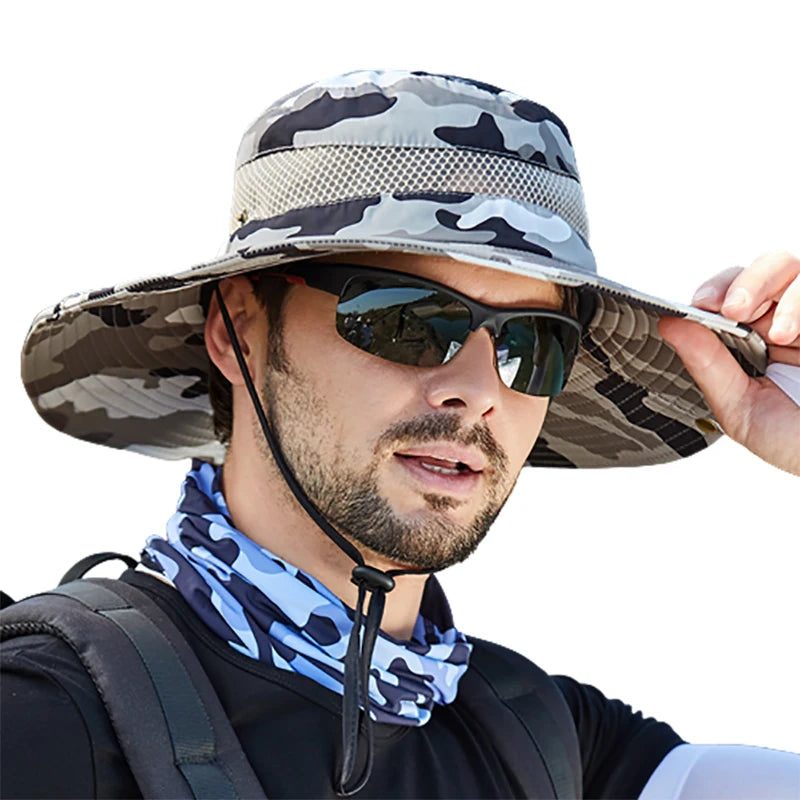 Camo Custom Logo Drawstring Sunshade Outdoor Casual Wide Brim Breathable Versatile Fisherman Bucket Boonie Hats