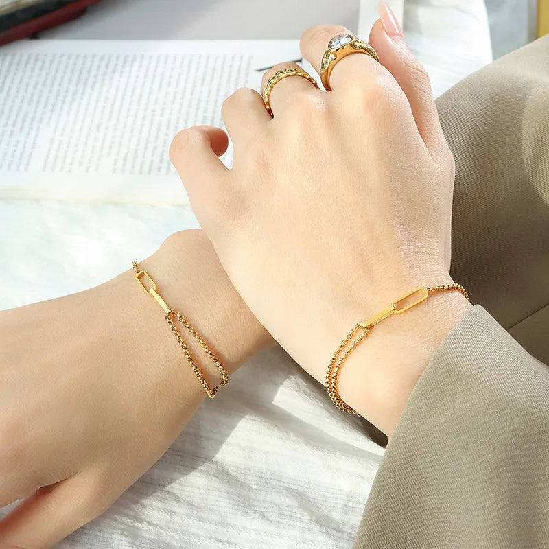 Ins Simple Geometric Hollow RectangularStainless Steel 18K Gold Stitching Double-Layer Chain Bracelet Female Titanium Steel
