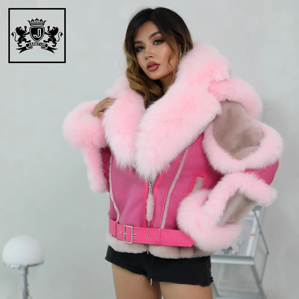 Thick Sheepskin Double Face Fur Jacket Women Hooded Lamb Fur Coat