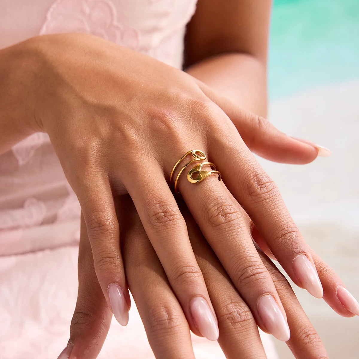 J&D 18K PVD Gold Plating Stainless Steel Water Proof Two Tone Double Layer Hollow Adjustable Paper Clip Rings