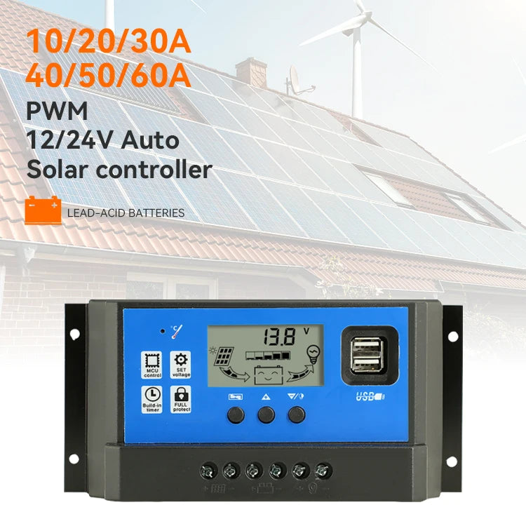 30A 60A 24V/12V High Efficient Battery Charger Dual USB 5V/3A PWM Solar Charge Controller