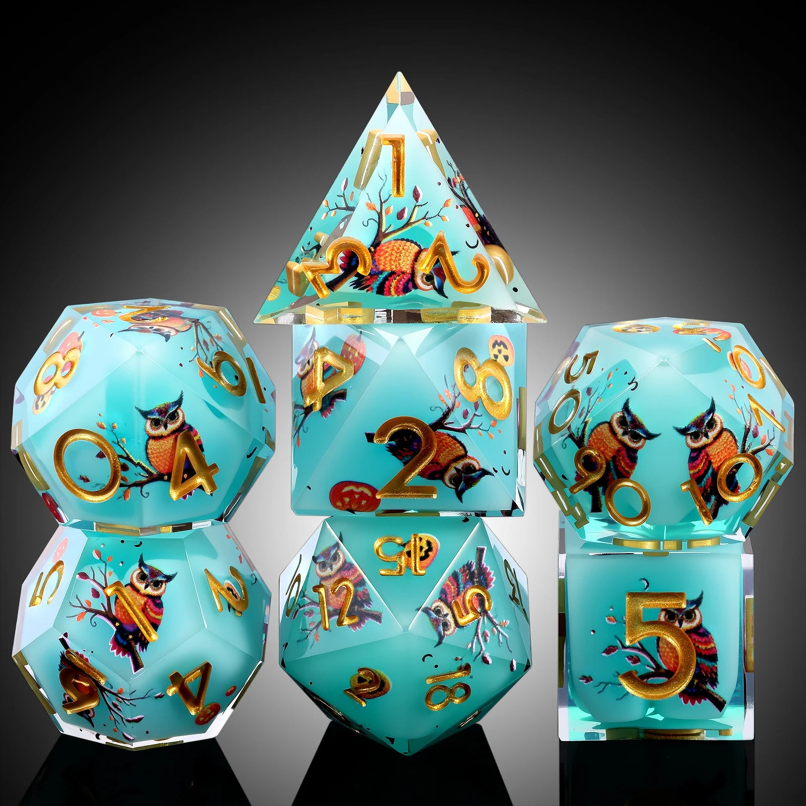 Blue with Gold Owl Stickers  DND Dice Set 7-Piece - Sharp Edge Resin Polyhedral Dice for Dungeons & Dragons RPG