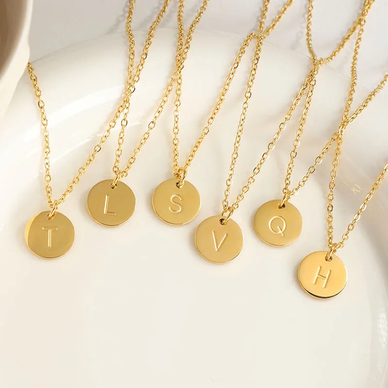 Fashion Minimalism Women Jewelry 18K Gold Stainless Steel Engraved A-Z Initial 26 Letter Round Alphabet Disc Pendant Necklace