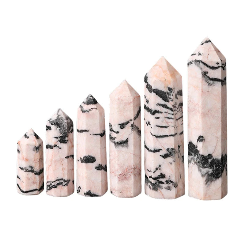 Multi-Sized Pink Zebra Stone Jasper Hexagonal Pillar Decoration Office Ornament Charms Tower Stone Crafts DIY Witchcraft Gift