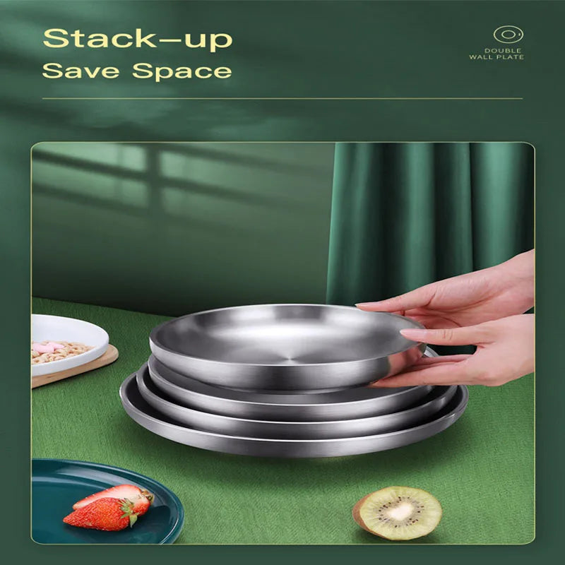 Stainless Steel Dinner Plate Round Dessert Dish Serving Tray Salad Double Layer Bowl Dishware Plates for Food