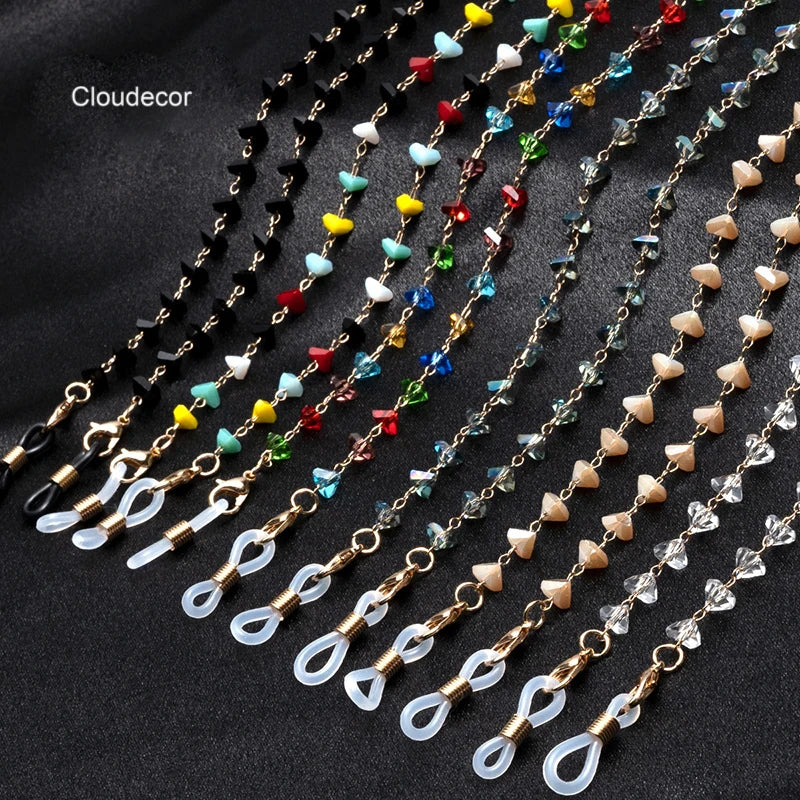 Hot-Selling Diamond Crystal Glasses Chain Gold Plated Triangular Beads Eyewear Accessories Crystal Beaded Sunglasses Necklace