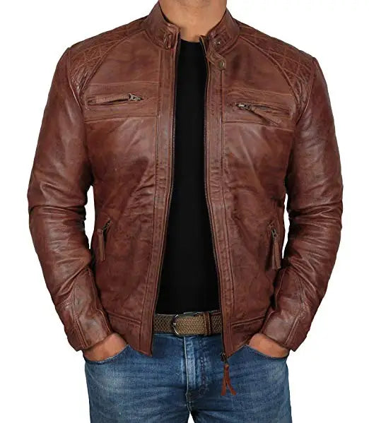 Biker Distressed Genuine Lambskin Top Quality Material Wholesale Plus Size Men's Leather Jacket