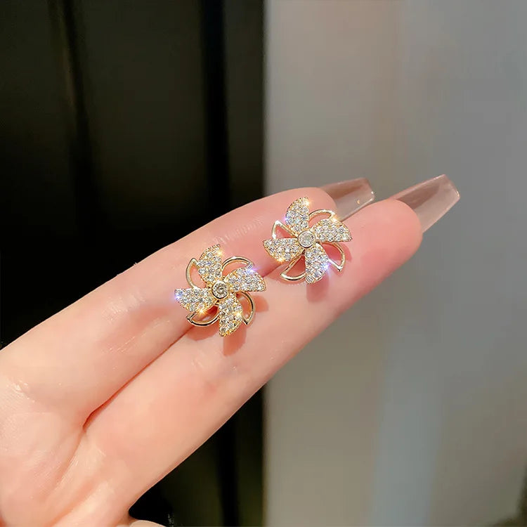 New Designs Zircon Crystal Earrings Rotatable Windmill Stud Earrings for Women