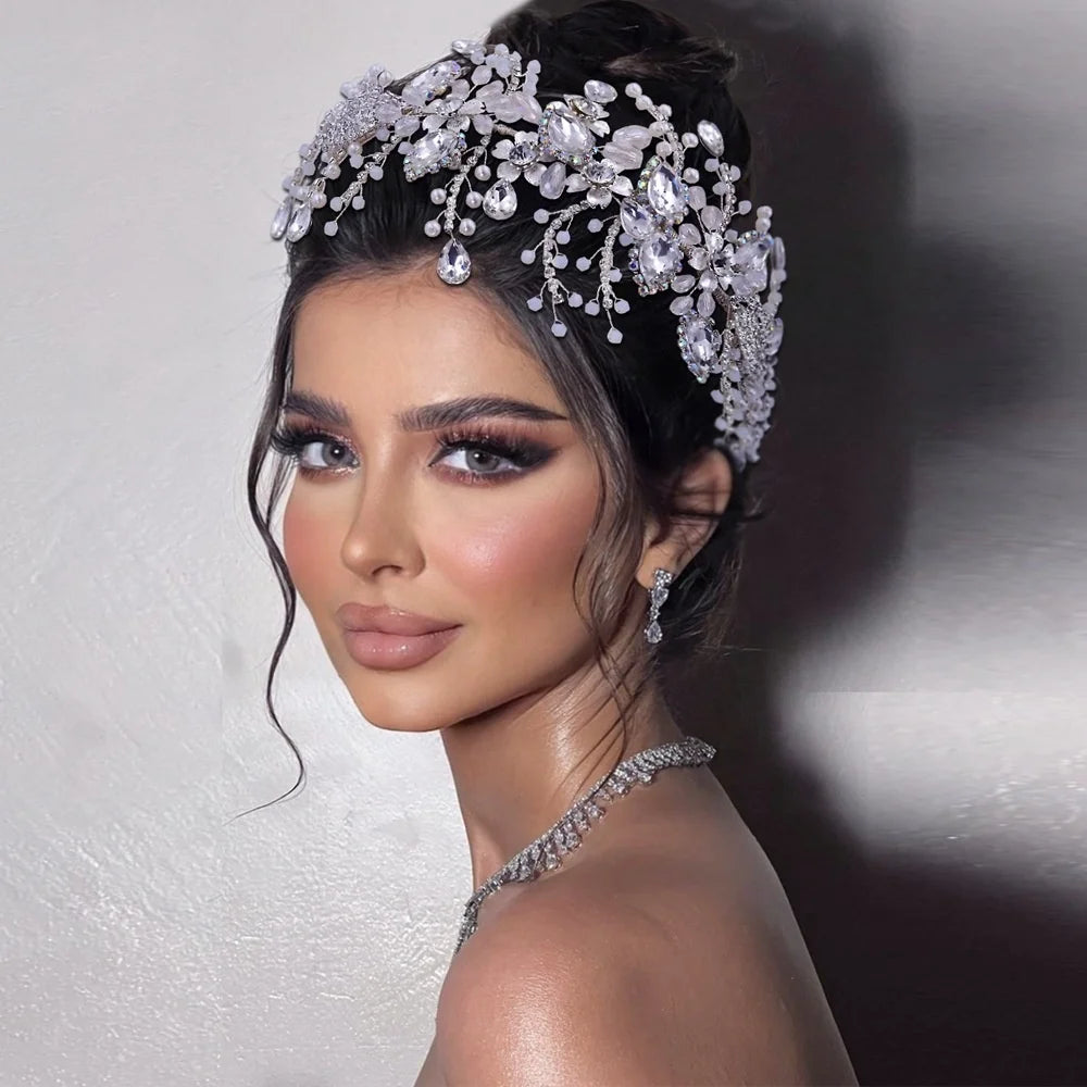 Crystal Bridal Headpieces for Brides Silver Wedding Hair Accessories Bride Headband Pearl Hair Vine Rhinestone Hair Pieces
