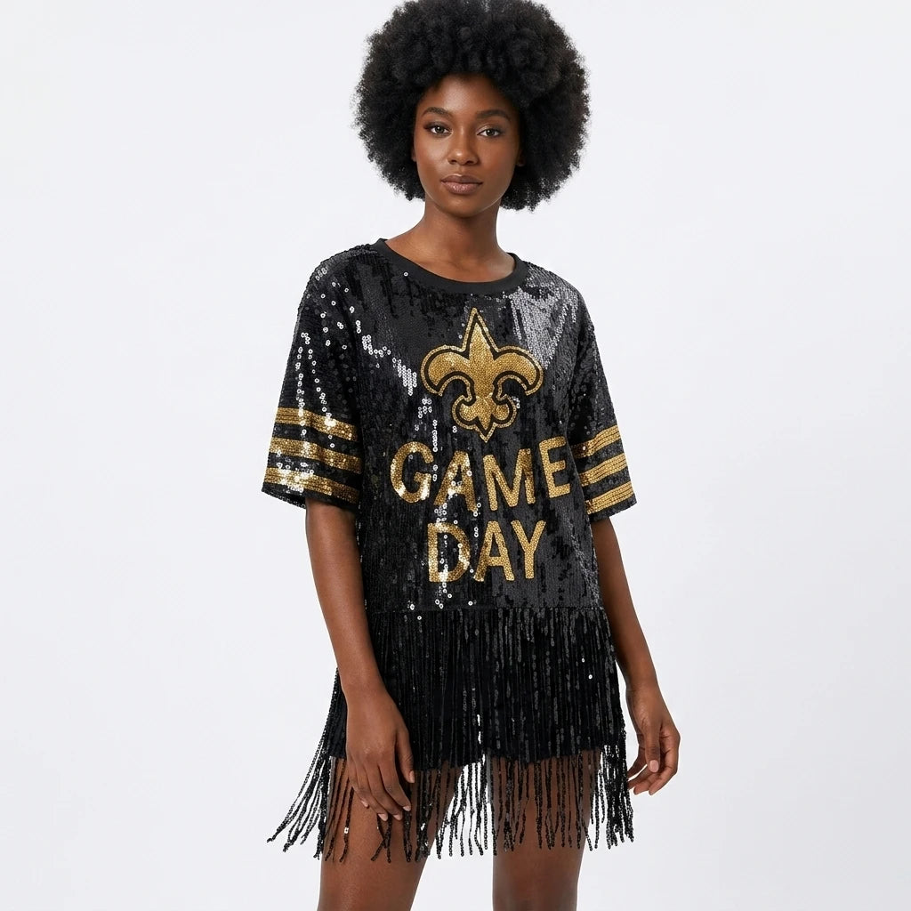 Sequin Top Black and Red for New Orleans Women's Game Day Jersey Party Metallic for Saints Football Sequin Tassel T-Shirts