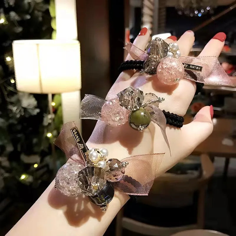 2022 Wholesale Korean Hair Ties  Super Bling Crystal Beads Hair Accessories Women's Diamond Pearl Metal Round Beads High Elastic