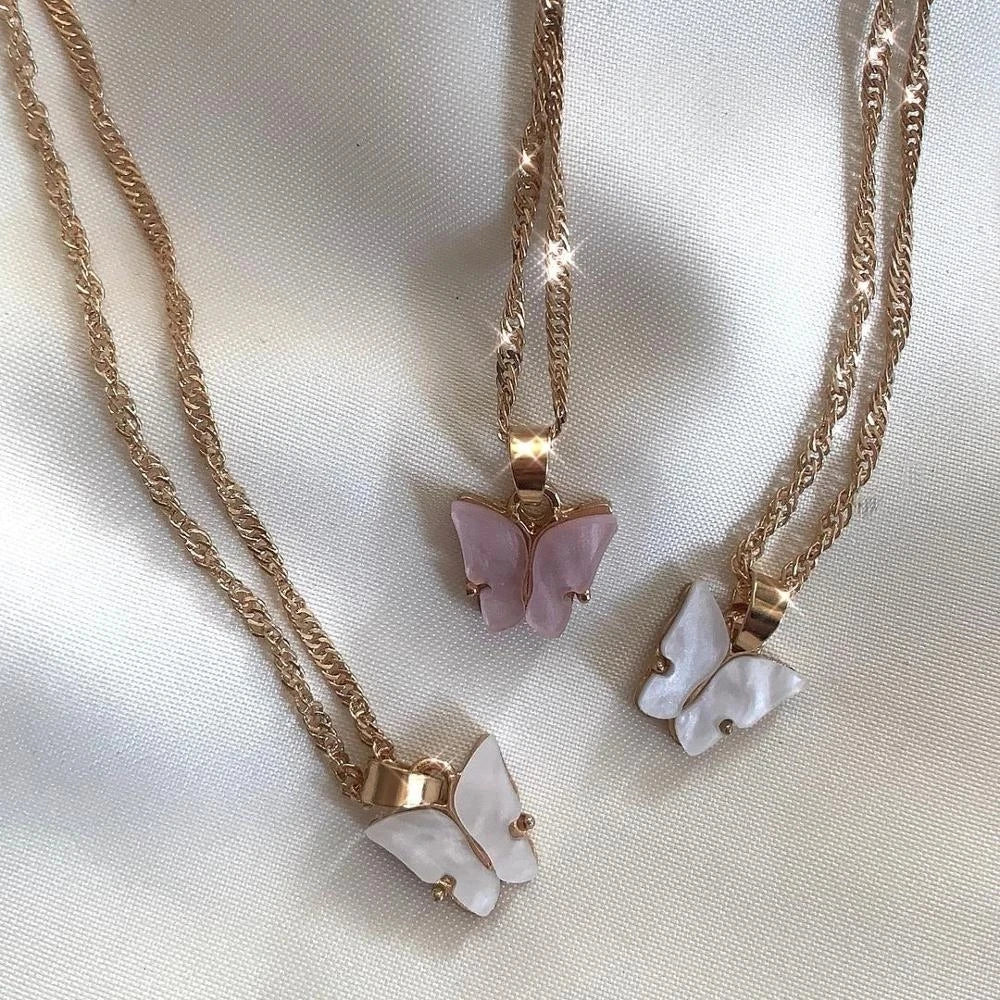 New Arrival Trendy Butterfly Gold Chain Charm Colorful Pendant Necklace Butterfly Choker Pendant Necklace for Women