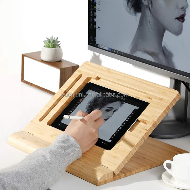 Multi-Angle Bamboo Wooden Organizer Desktop Holder Drawing Tablet Stand Holder Adjustable Foldable Stable for Cooking