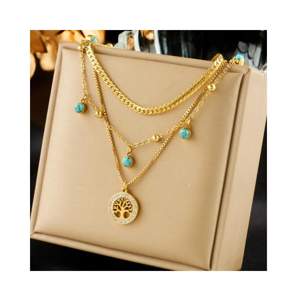 Multi-layer Clavicle Chain Tree of Life Turquoise Pendant Gold Plated Titanium Steel Trendy Necklace for Women