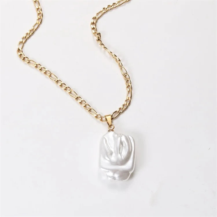 Creative Irregular Square Shape Pearl Pendant 18k Gold Plated Stainless Steel Chain Necklace for Women-Anniversary Gift Party