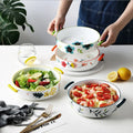 Hand Painted Glaze Color Ceramic Double Ear Bowl Simple Microwave Oven Safe Porcelain Baking Tray Scald Proof Soup Noodle Bowl