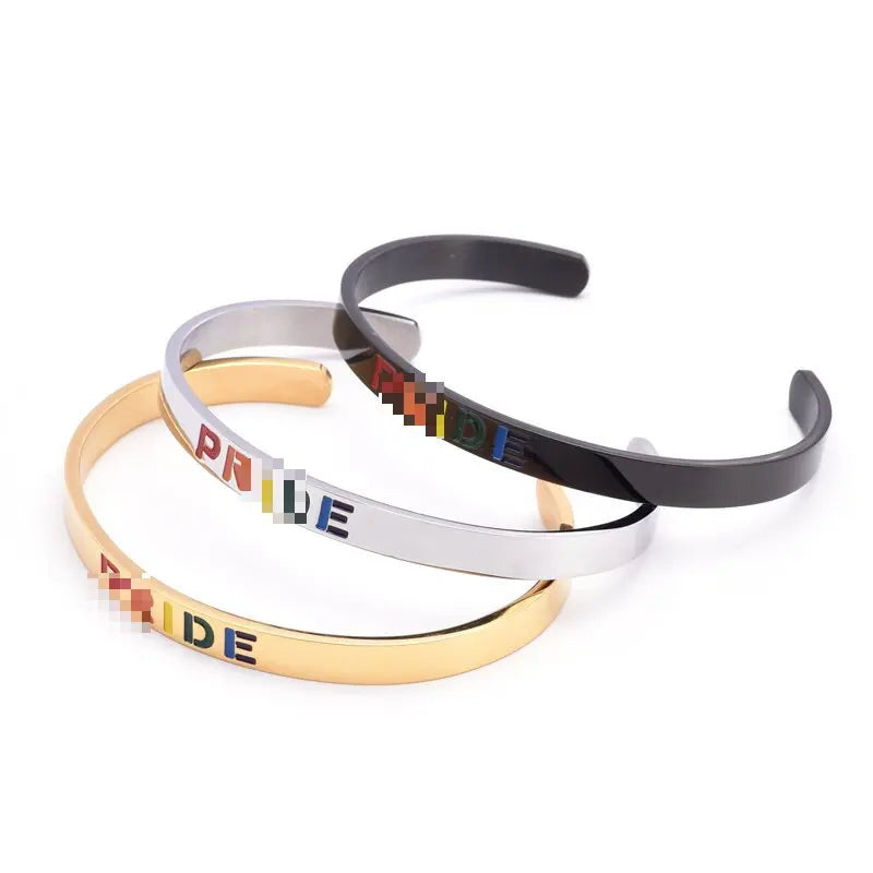 Wholesale Custom Stainless Steel rainbow Enamel Letter Proud Bracelet Simple Smooth C-shaped Bracelet Men's and Women's Jewelry