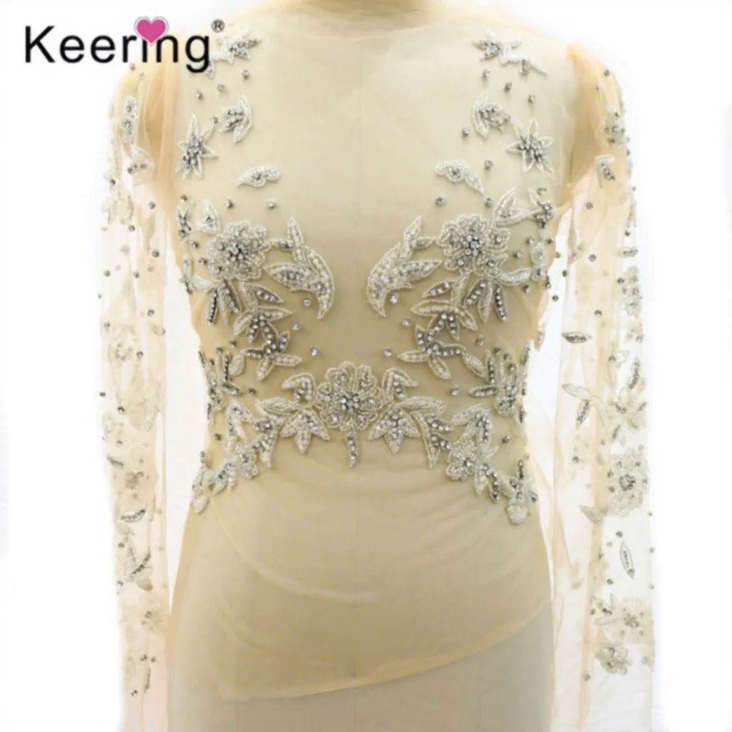 Top Cover Encrusted Beads Handmade Bling Bling Rhinestone Applique for Bridal Bridesmaid Dress With Two Long Sleeve  WDP-346