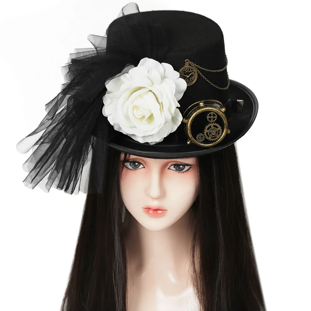 Women Steampunk Gothic Hat Vintage Lace Top goth hat Wedding Party White Flower Lolita Top Hats