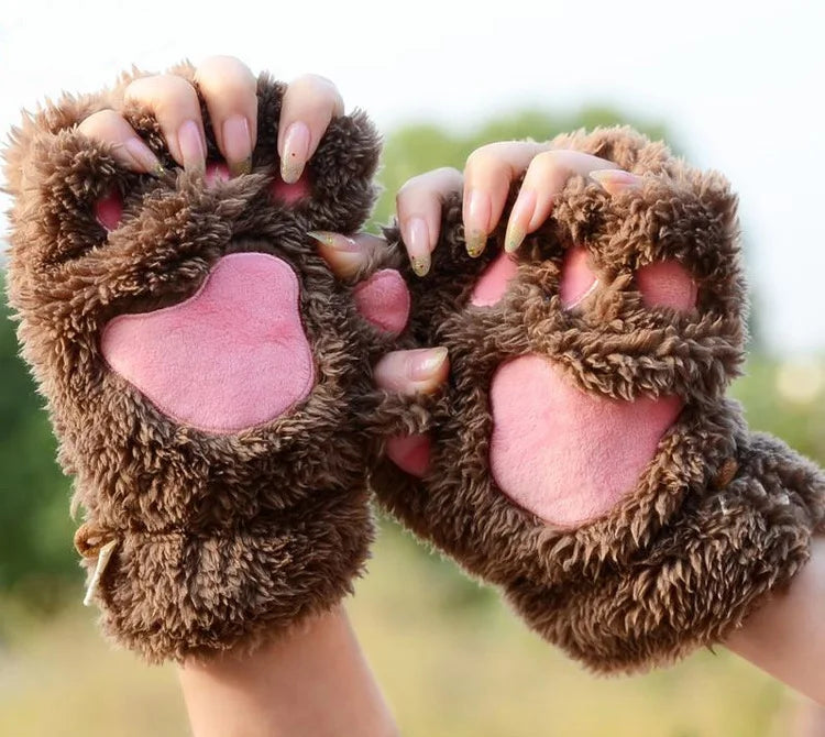 Custom Logo Cute Fluffy Animal Paw Claw Half Finger Fingerless Winter Mittens Gloves for Women Girls
