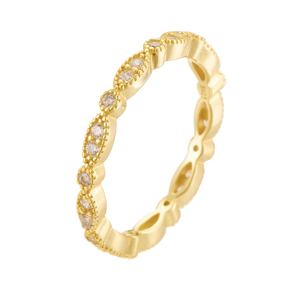 Jewelry 925 Sterling Silver 14K Gold Plated Setting Full Eternity Cz Zircon Marquess Round Milger Pattern Stacked Eternal Ring