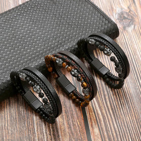 Multi-Layer Braided Magnetic Clasp Skull Beaded Men Bracelets Fashion Nature Stone Stainless Steel Skull Leather Bracelet