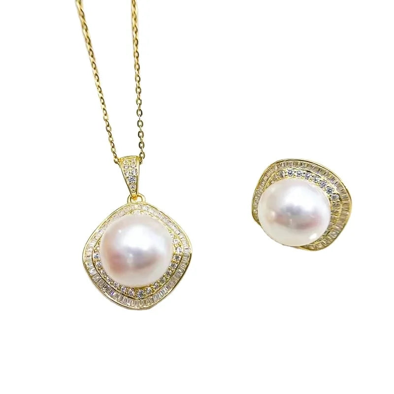 JW102 8-9mm  DIY Natural Real Freshwater Pearl Set Charm  Accessories 925 Sterling Silver  Gold Plated Jewelry Set for Women
