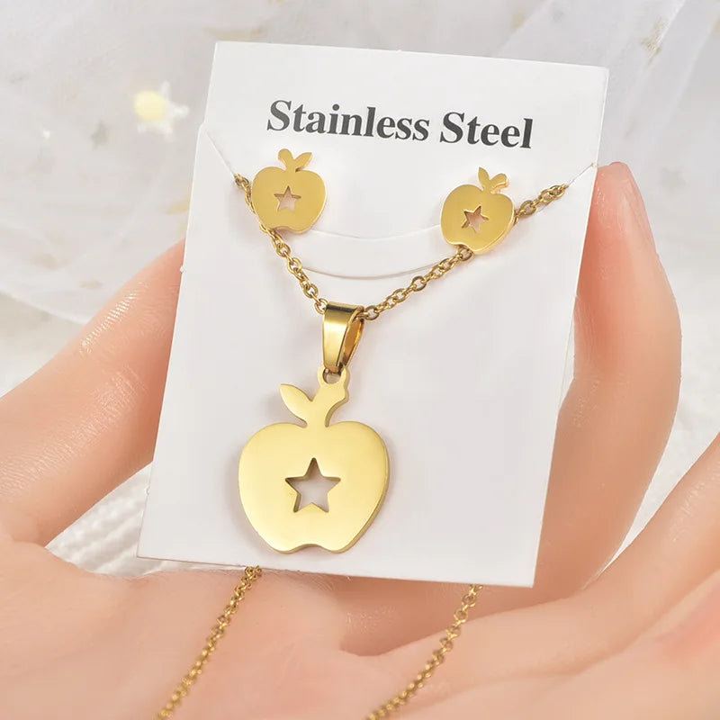 Luxury New Fashion and Earring Set Flower Heart Pendant Necklace Geometry Shape Stainless Steel Jewelry for Women