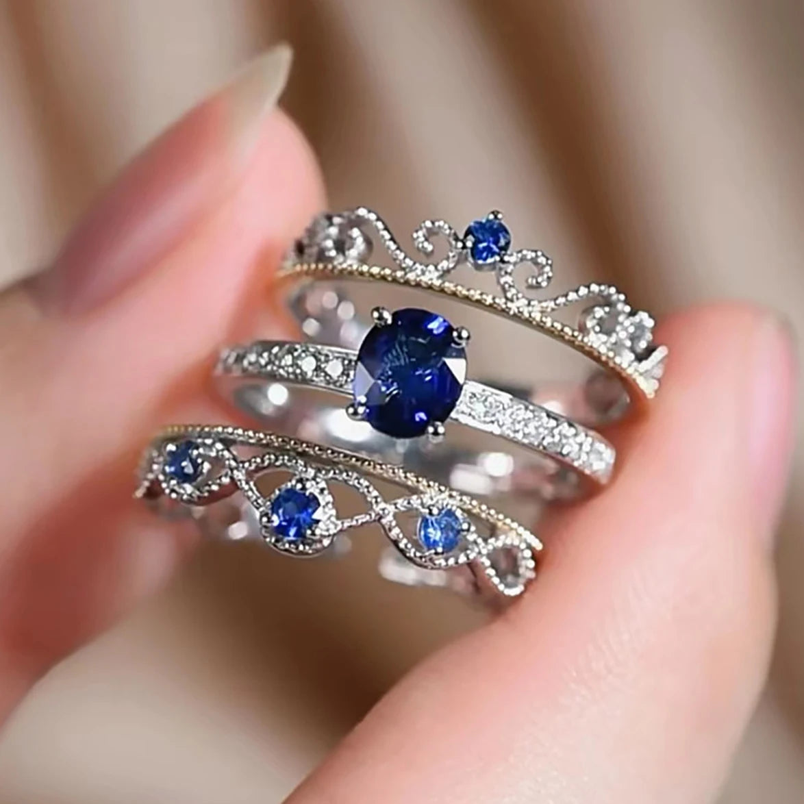 CAOSHI Hot Sale Crown Design Blue Crystal Cubic Zirconia 3pcs Set Rings for Women Luxury Wedding Engagement Silver Plated Rings