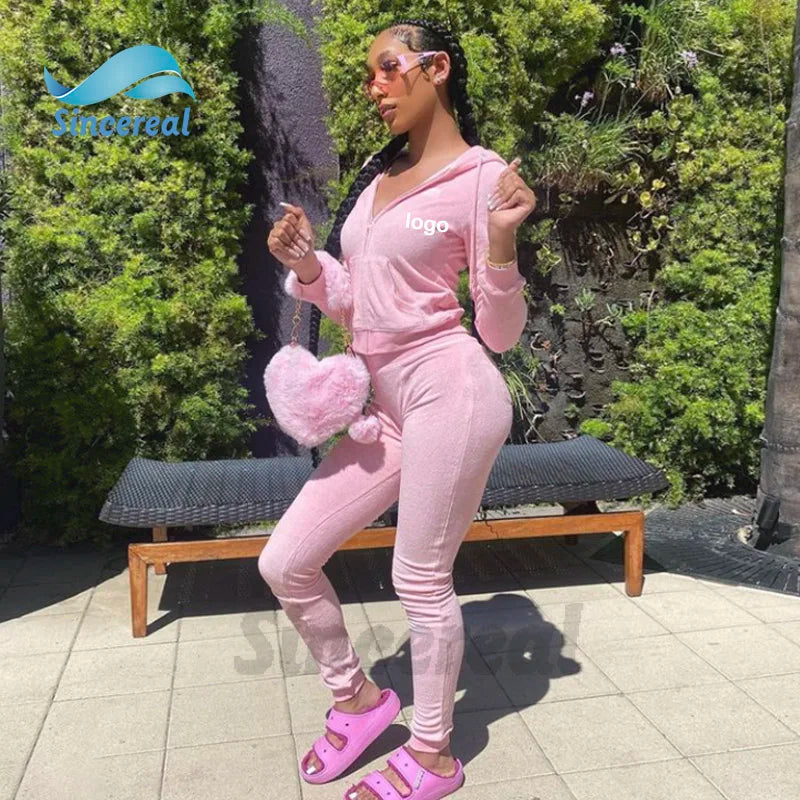 Custom Logo Solid Terry Towel Bodysuit Tracksuits Vest Short Sweatshirt and Pants Pajama 2 Piece Women Sweatsuit Set