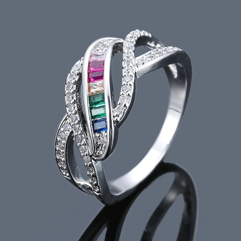 Luxury Women Wedding Finger Ring Full Diamond Crystal Ring Women Girls Wedding Engagement Party Rainbow Zircon Ring