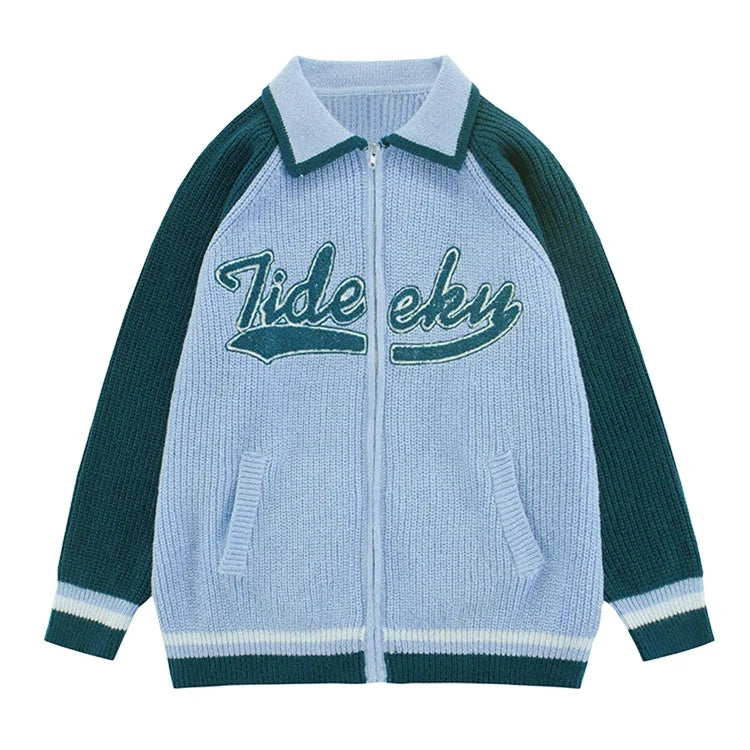 2024 Causal Polo Zipper Cardigan Sweater Stripes Embroidery Cable Knit Sweater Long Sleeve Winter  Breathable Knitted Sweater