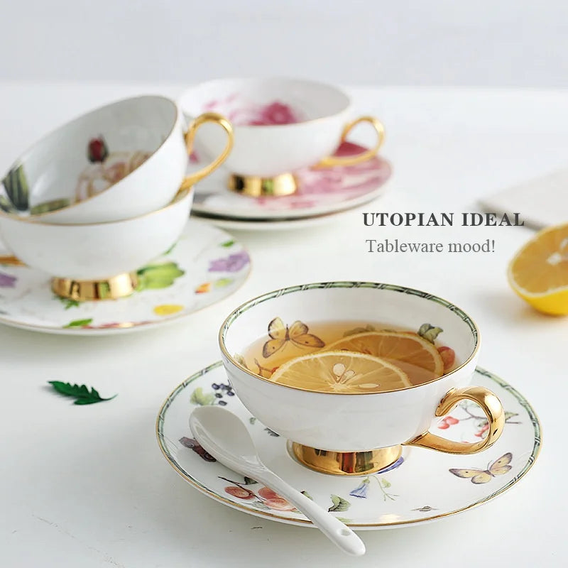 Floral Garden Rose Fine Porcelain Bone China Ceramic Pottery Coffee Cups Royal Tea Cups & Saucers Set