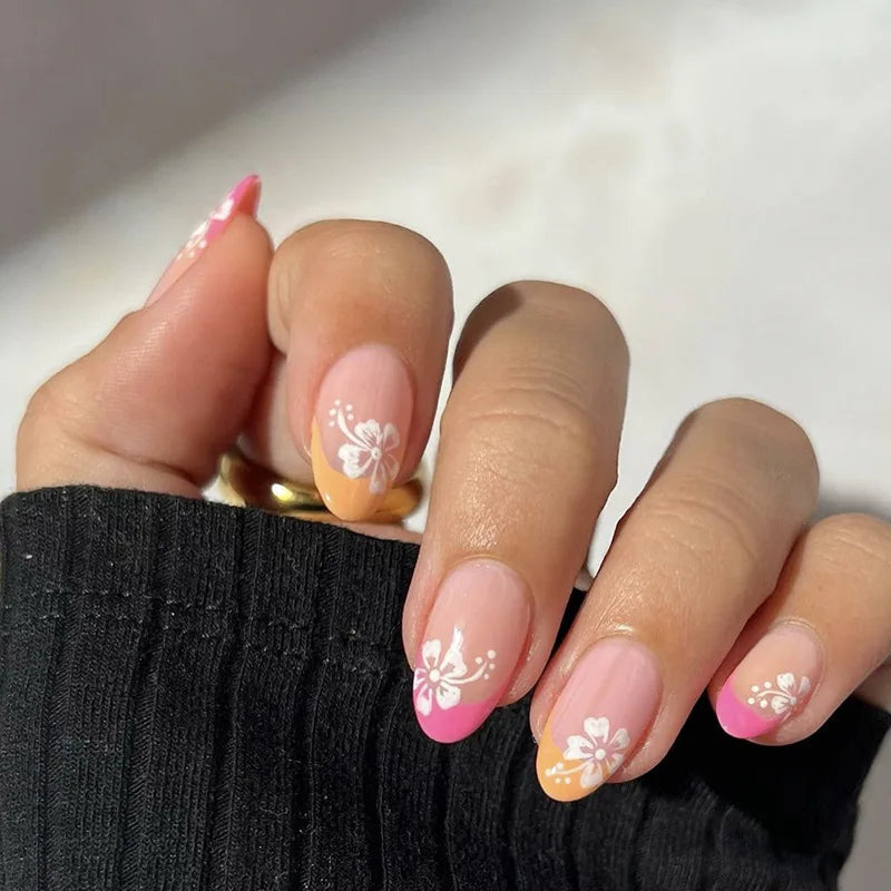 Wholesale Temooi White Flower Almond French Design ABS False Nails 24Pcs Press on Nails with Nail Glue Model Fitting for Finger