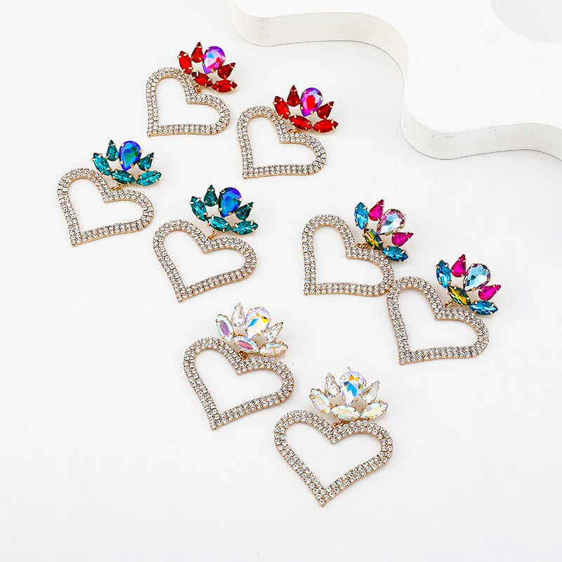 Statement Women Full Diamond Glass Geometric Earrings Hollow Rhinestone Crystal Big Heart Dangle Earrings