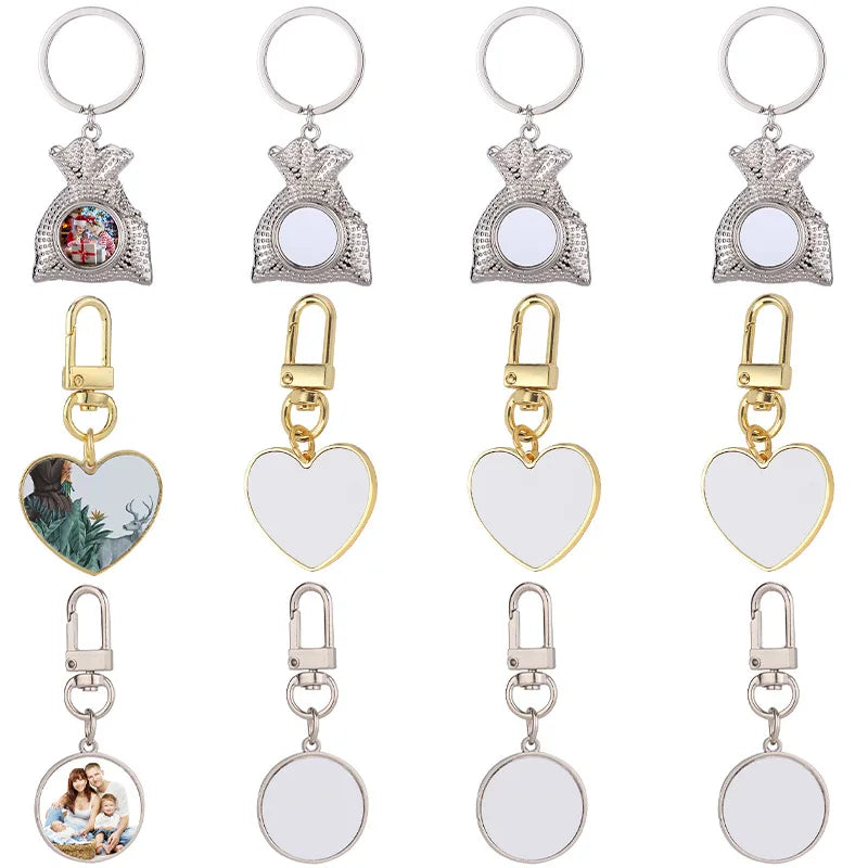 Creative Sublimation Blank Keychain with Ornament Money Bag Round & Heart Pendants DIY Photo Keyring for Home Decor