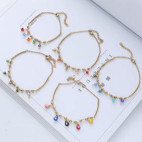 BINSHUO Wholesale Custom Stainless Steel Jewelry 18K Gold Plating Trendy Beach Bohemian Crystal Charm Feet Chain Anklet Party