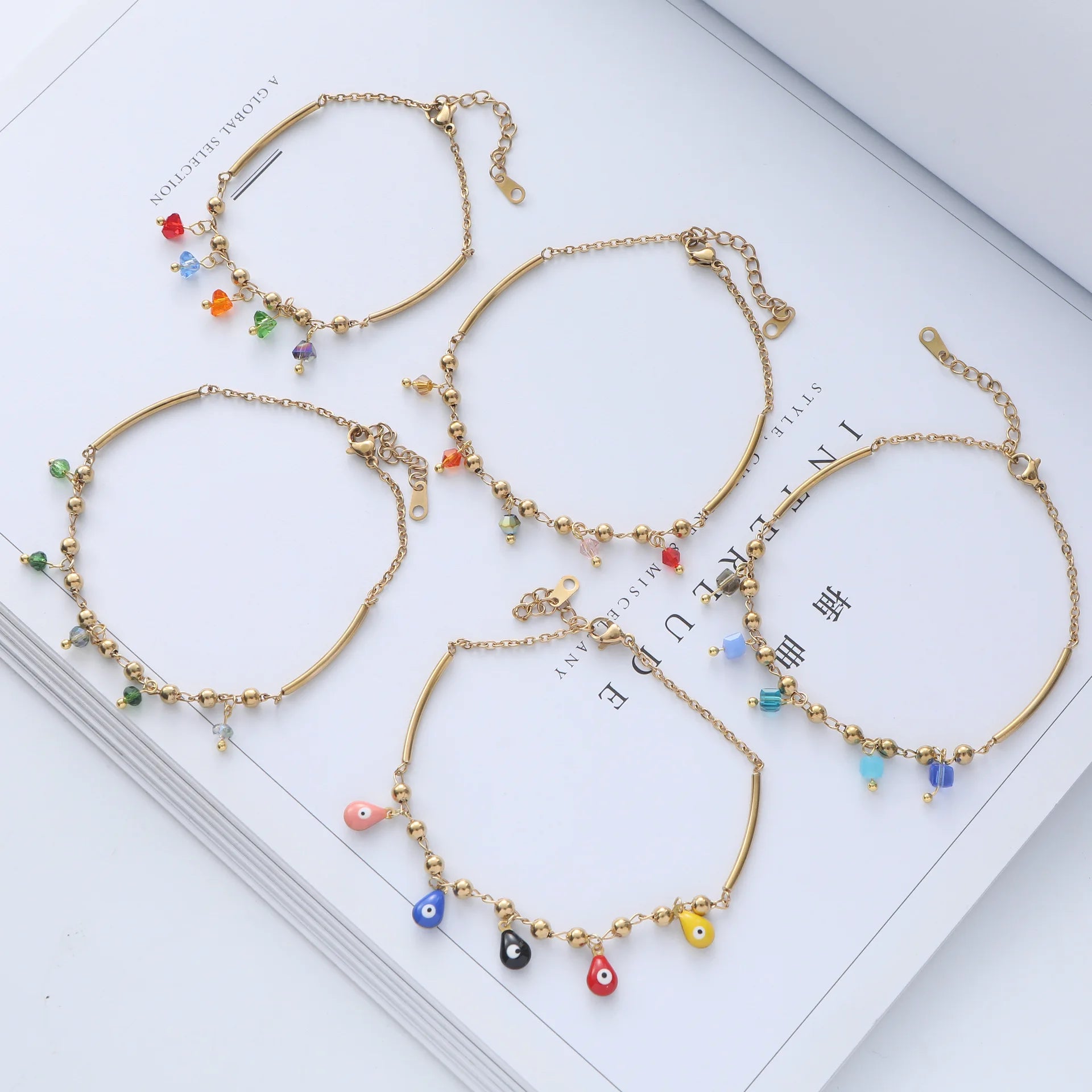 BINSHUO Wholesale Custom Stainless Steel Jewelry 18K Gold Plating Trendy Beach Bohemian Crystal Charm Feet Chain Anklet Party