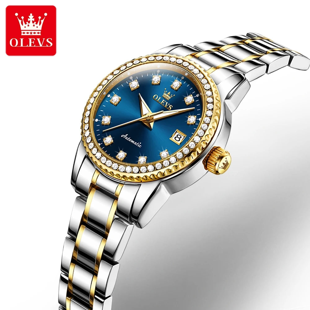 OLEVS 7003 Fashion Mechanical Women Watches Top Brand Luxury Diamond Design  Stainless Steel Band Automatic Female Watch