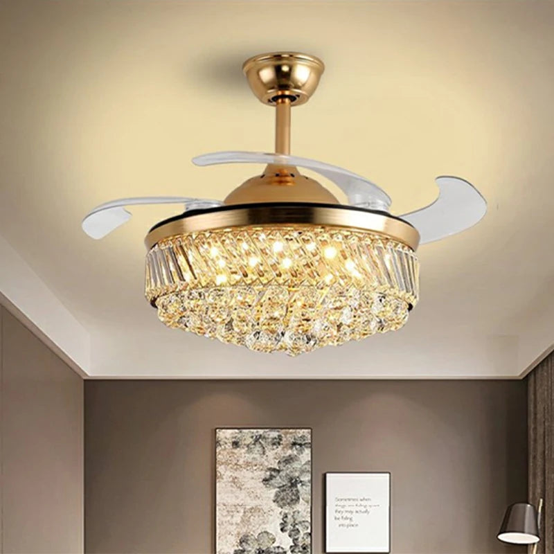 European Style Light Luxury Crystal Living Room Dining Room Bedroom Remote Control Ceiling Fan Light Led Home Fan Light