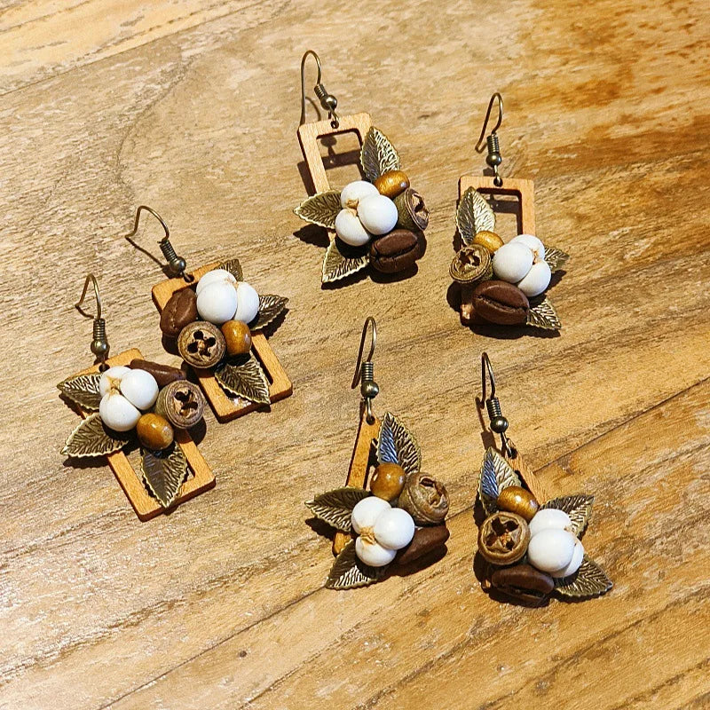 Retro Brown Coffee Bean Earring Geometric Multiple Leaf Fruit Pendant Earrings for Women for Women Daily Jewelry Gifts
