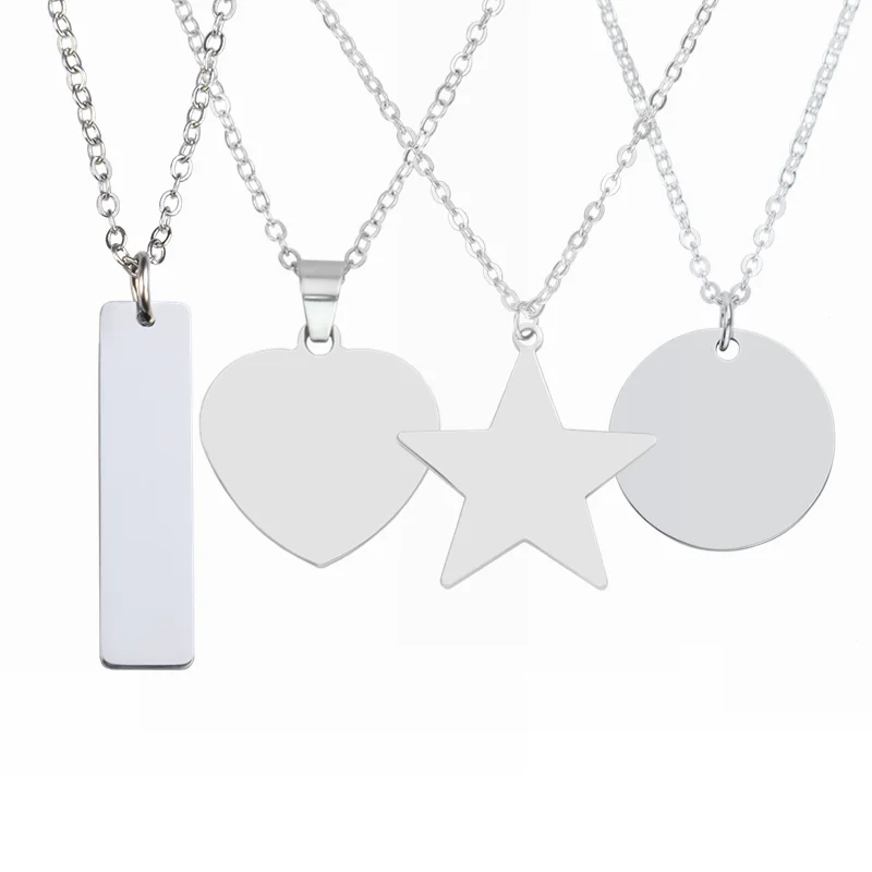 Engravable Jewelry Blanks Stainless Steel Engraved Necklace Rectangle Star Heart Round Silver Color Clavicle Chain Custom Gift