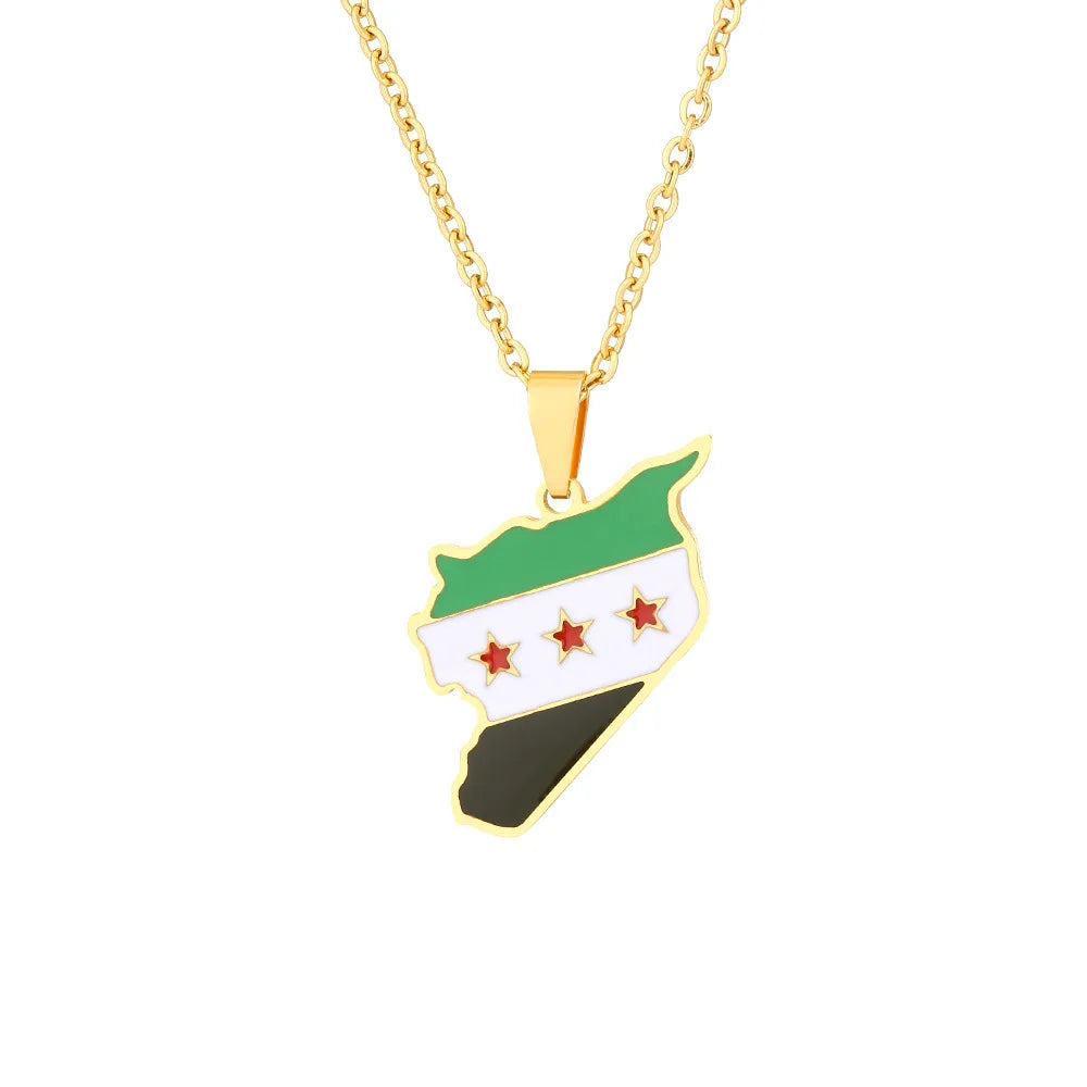 Wholesale 18K Gold Plated Stainless Steel Syria Map Flag Pendant Necklace Trendy Fashion Jewelry for Women and Men for Parties