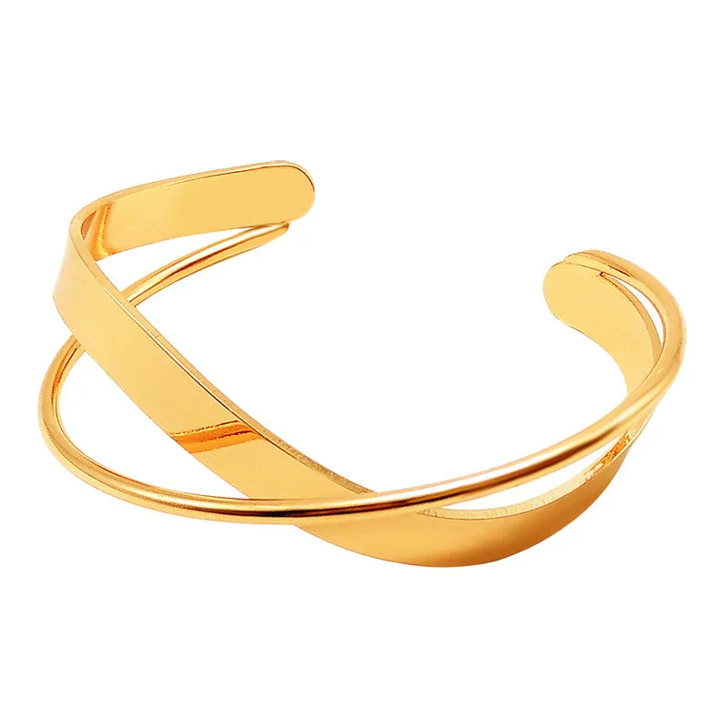 YF3779 Minimalist Stainless Steel Waterproof Jewelry 18k Gold Plated Open Irregular Round Twisted Bracelet