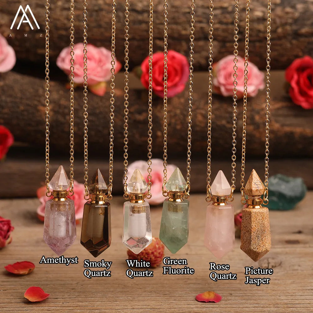 Classic Vial Necklace  Hexagon Points Healing Crystal Perfume Bottle Pendant Necklace  Stainless Steel Chain