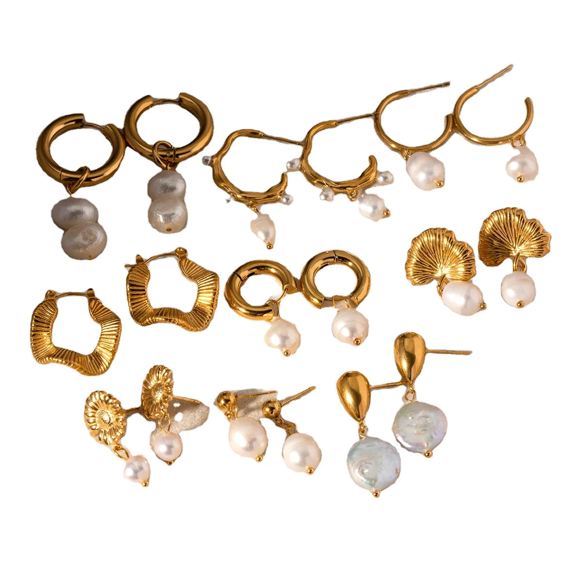 J&D 18K Gold Plated Freshwater Pearl Drop Earrings Stainless Steel Wave CC Hoop Fashion Jewelry