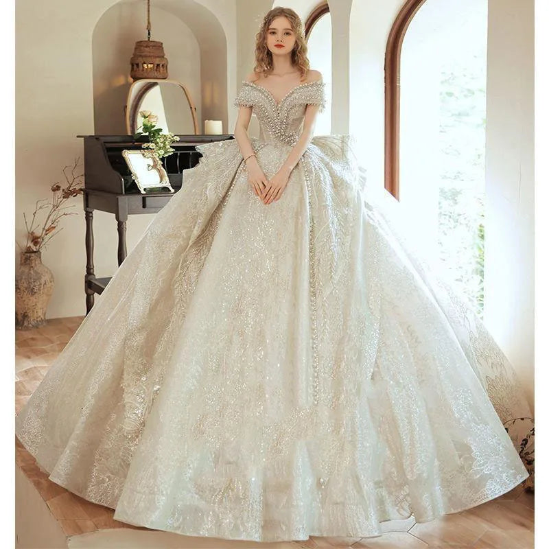 AL1089 2022 Boho Wedding Dress Luxury Heavy Industry One Shoulder Temperament Sparkle Beaded Lace Crystal Decorated Bride's Gown