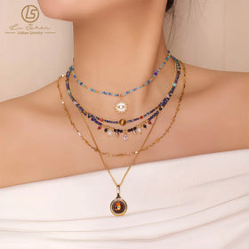 Real Gold Electroplated Multi-layer Retro Color Devil's Eye Pendant Clavicle Chain Necklace