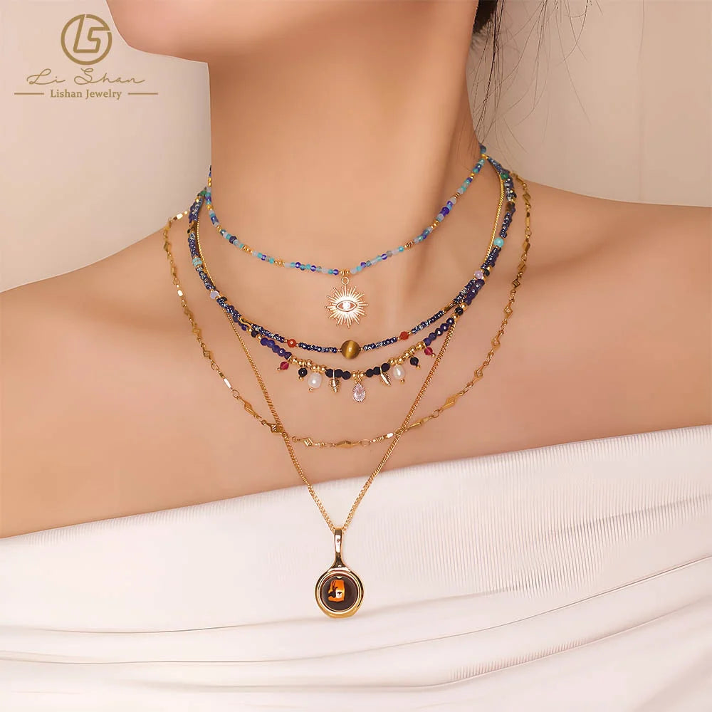 Real Gold Electroplated Multi-layer Retro Color Devil's Eye Pendant Clavicle Chain Necklace